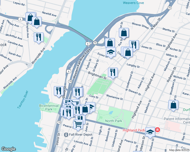 map of restaurants, bars, coffee shops, grocery stores, and more near 79 Murray Street in Fall River