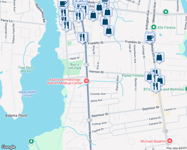 map of restaurants, bars, coffee shops, grocery stores, and more near 824 Main Street in Warren