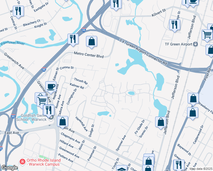 map of restaurants, bars, coffee shops, grocery stores, and more near 21 Fox Ridge Crescent in Warwick