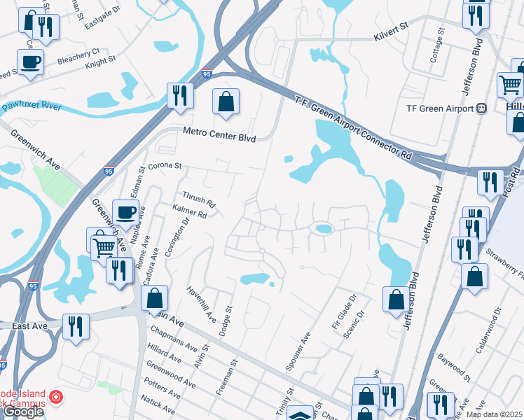map of restaurants, bars, coffee shops, grocery stores, and more near 21 Fox Ridge Crescent in Warwick