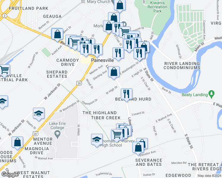 map of restaurants, bars, coffee shops, grocery stores, and more near 59 West High Street in Painesville