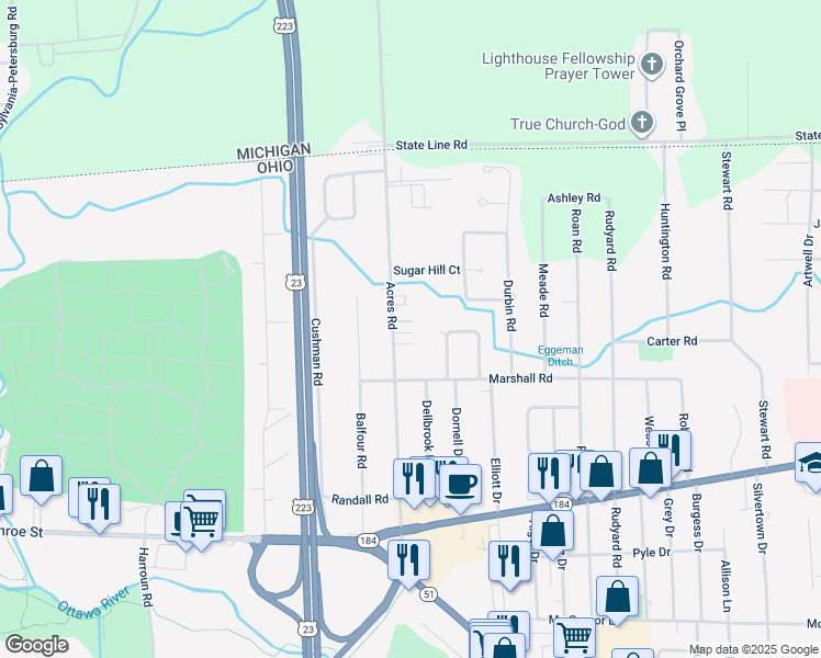 map of restaurants, bars, coffee shops, grocery stores, and more near 5835 Acres Road in Sylvania