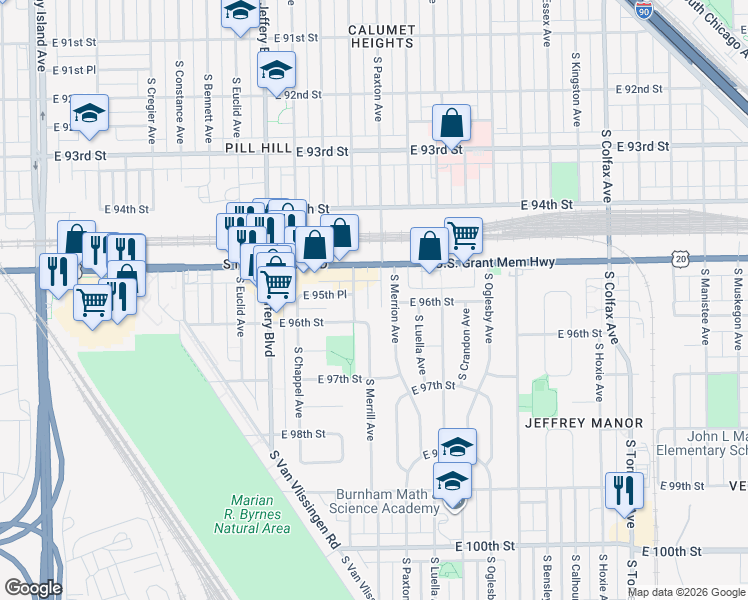 map of restaurants, bars, coffee shops, grocery stores, and more near 9547 South Clyde Avenue in Chicago