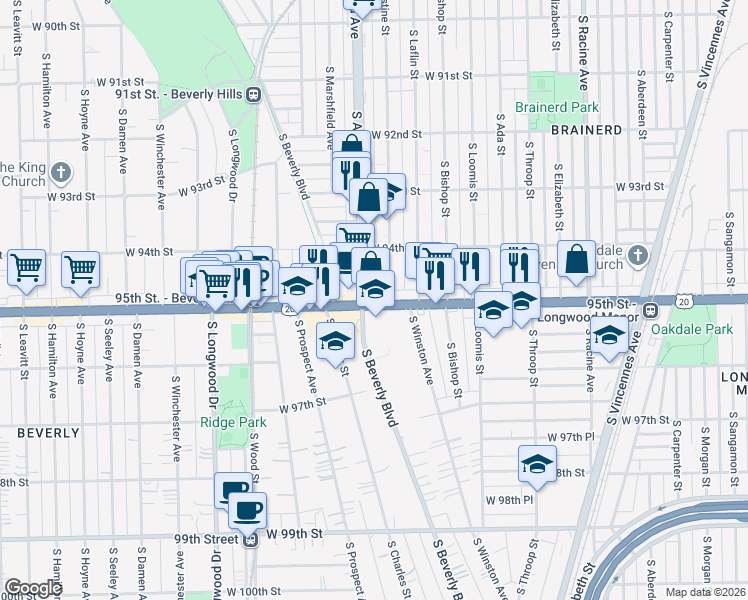 map of restaurants, bars, coffee shops, grocery stores, and more near 1443 West 95th Street in Chicago