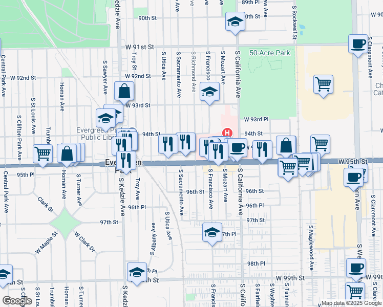 map of restaurants, bars, coffee shops, grocery stores, and more near 2942 95th Street in Evergreen Park