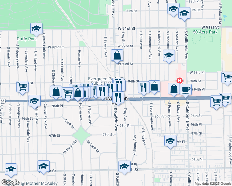 map of restaurants, bars, coffee shops, grocery stores, and more near in Evergreen Park