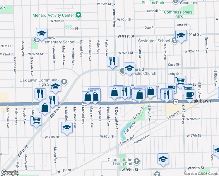 map of restaurants, bars, coffee shops, grocery stores, and more near 9412 Parkside Avenue in Oak Lawn