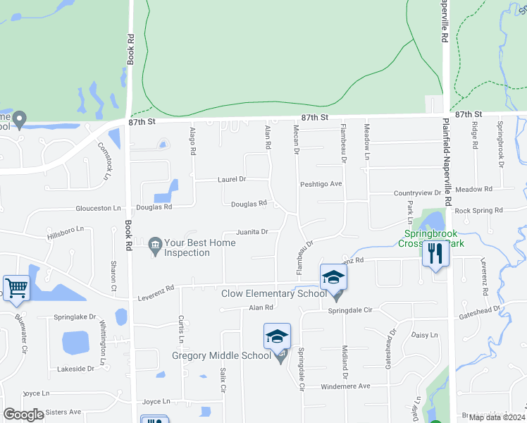 map of restaurants, bars, coffee shops, grocery stores, and more near 28W465 Douglas Road in Naperville