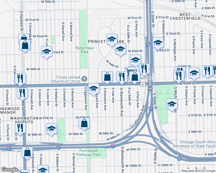 map of restaurants, bars, coffee shops, grocery stores, and more near 9518 South Yale Avenue in Chicago