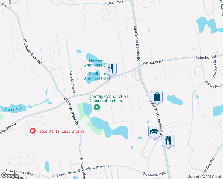 map of restaurants, bars, coffee shops, grocery stores, and more near 8 Grassy Pond Drive in Dennis