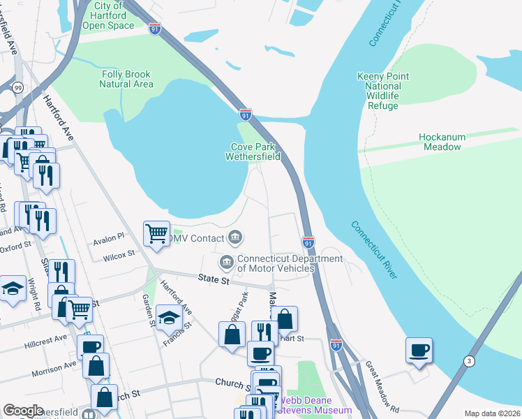 map of restaurants, bars, coffee shops, grocery stores, and more near 503 Main Street in Wethersfield