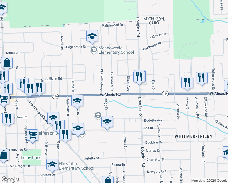 map of restaurants, bars, coffee shops, grocery stores, and more near 2627 Ohio 184 in Toledo