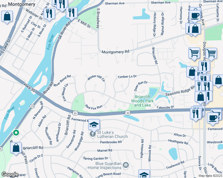 map of restaurants, bars, coffee shops, grocery stores, and more near 110 Briarcliff Road in Montgomery