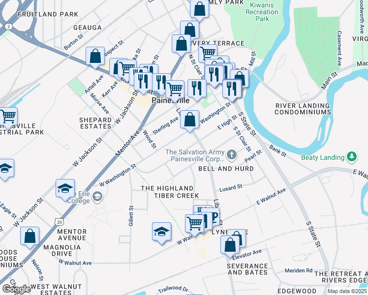 map of restaurants, bars, coffee shops, grocery stores, and more near 54 West High Street in Painesville