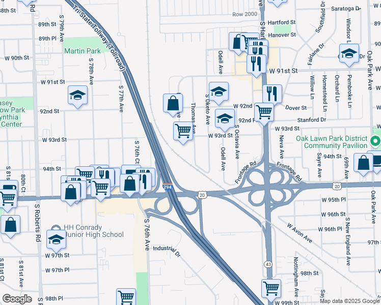 map of restaurants, bars, coffee shops, grocery stores, and more near 9400 Beloit Avenue in Bridgeview