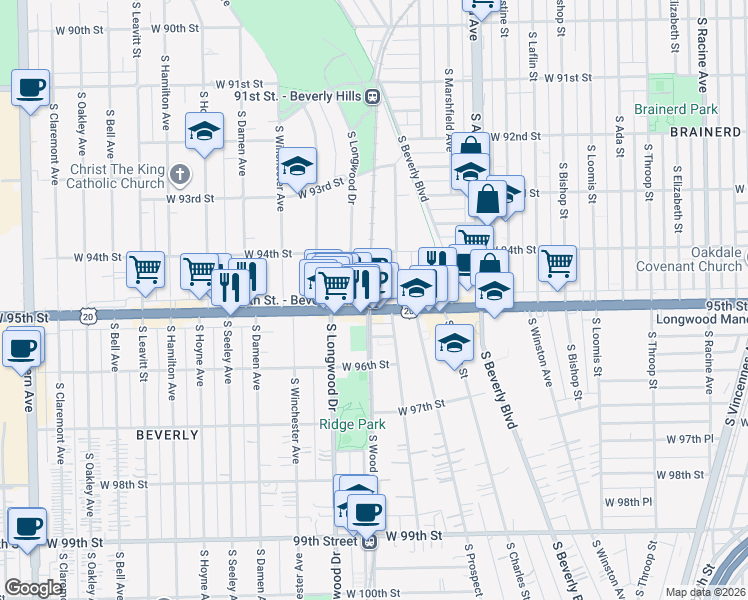 map of restaurants, bars, coffee shops, grocery stores, and more near 1766 West 95th Street in Chicago