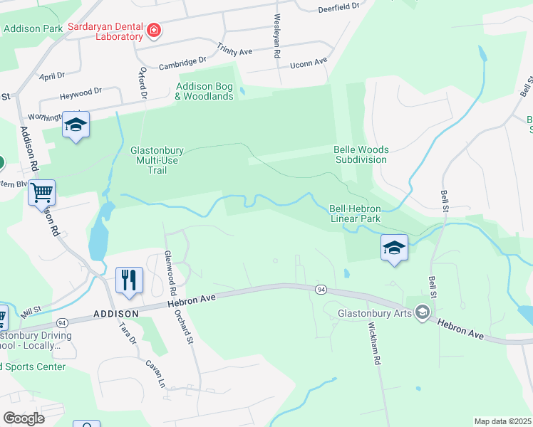 map of restaurants, bars, coffee shops, grocery stores, and more near 87 Oxbow Drive in Glastonbury