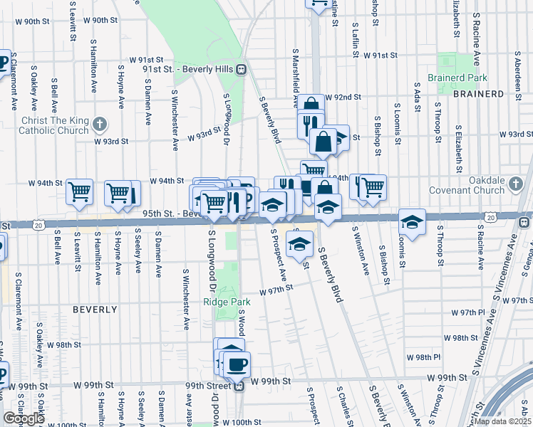 map of restaurants, bars, coffee shops, grocery stores, and more near 1724 West 95th Street in Chicago
