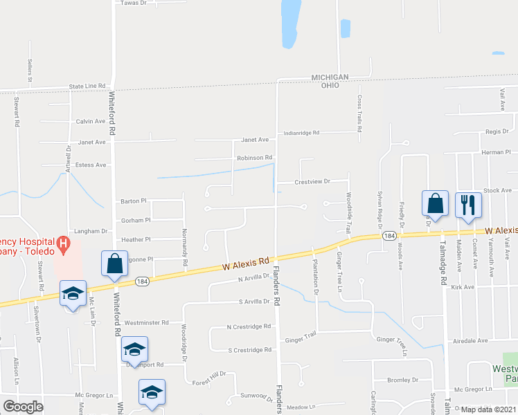 map of restaurants, bars, coffee shops, grocery stores, and more near 4731 Cinnamon Lane in Sylvania