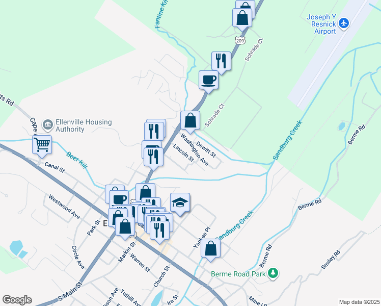 map of restaurants, bars, coffee shops, grocery stores, and more near 14 Lincoln Street in Ellenville