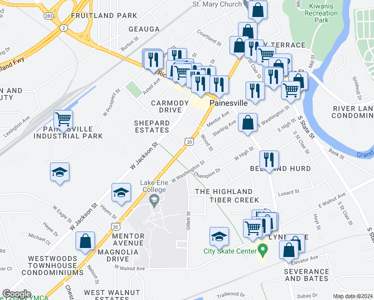 map of restaurants, bars, coffee shops, grocery stores, and more near 205 Mentor Avenue in Painesville