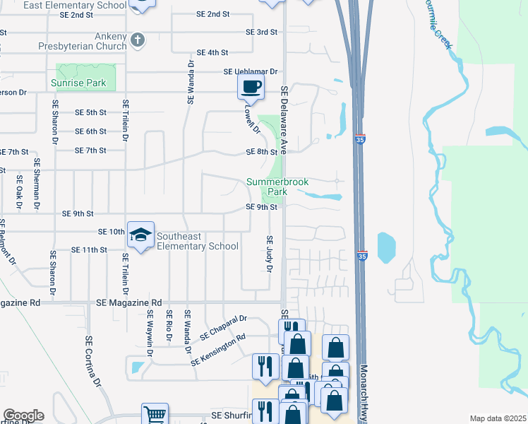map of restaurants, bars, coffee shops, grocery stores, and more near 909 Southeast Judy Drive in Ankeny