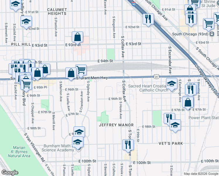 map of restaurants, bars, coffee shops, grocery stores, and more near 2517 East 95th Place in Chicago