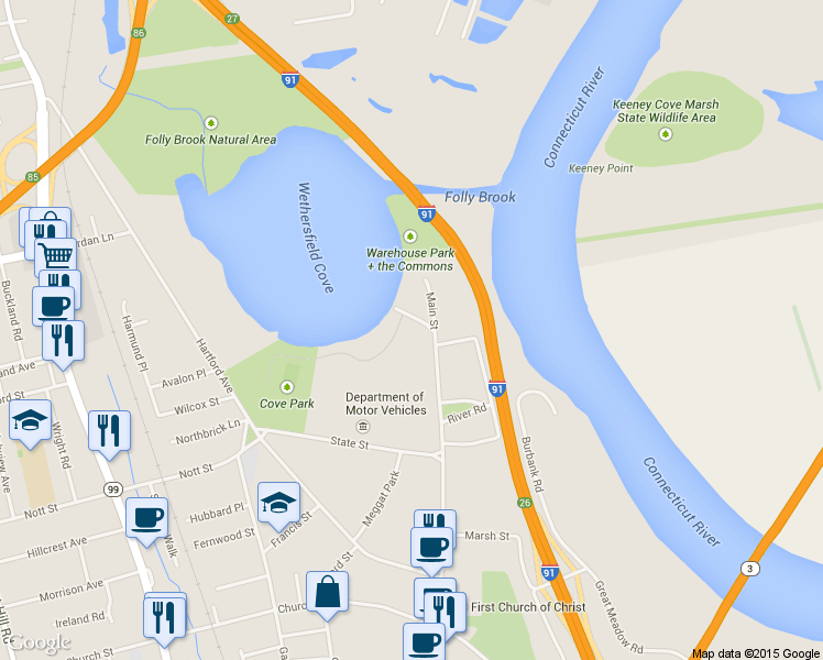 map of restaurants, bars, coffee shops, grocery stores, and more near 503 Main Street in Wethersfield