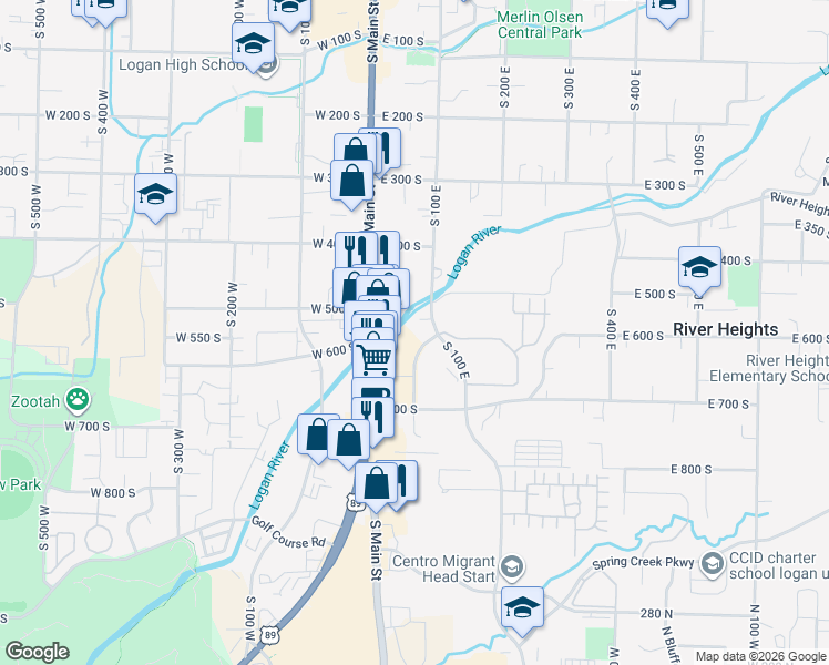 map of restaurants, bars, coffee shops, grocery stores, and more near 595 Riverwood Parkway in Logan