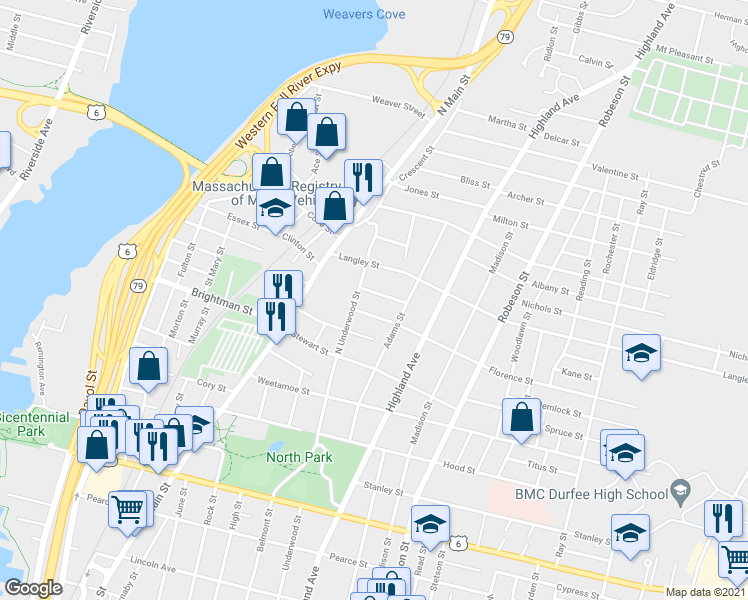 map of restaurants, bars, coffee shops, grocery stores, and more near 80 Florence Street in Fall River