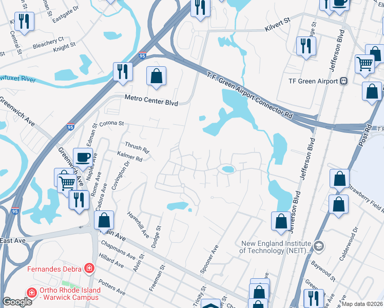 map of restaurants, bars, coffee shops, grocery stores, and more near 21 Fox Ridge Crescent in Warwick