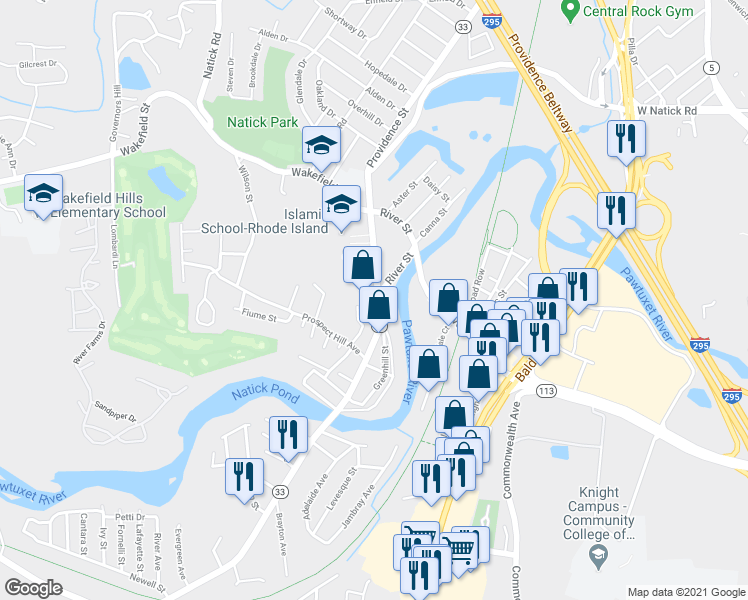 map of restaurants, bars, coffee shops, grocery stores, and more near 6 Prospect Street in West Warwick