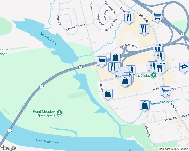 map of restaurants, bars, coffee shops, grocery stores, and more near 379 Naubuc Avenue in Glastonbury
