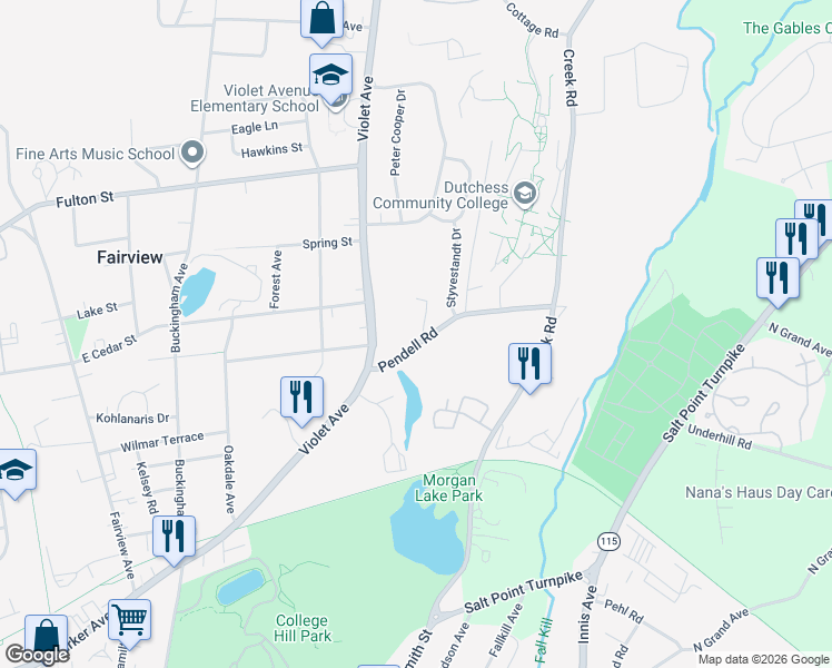 map of restaurants, bars, coffee shops, grocery stores, and more near 1 Pendell Road in Poughkeepsie