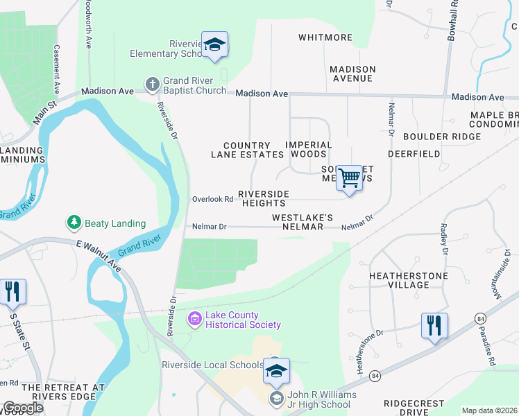 map of restaurants, bars, coffee shops, grocery stores, and more near 91 Nelmar Drive in Painesville