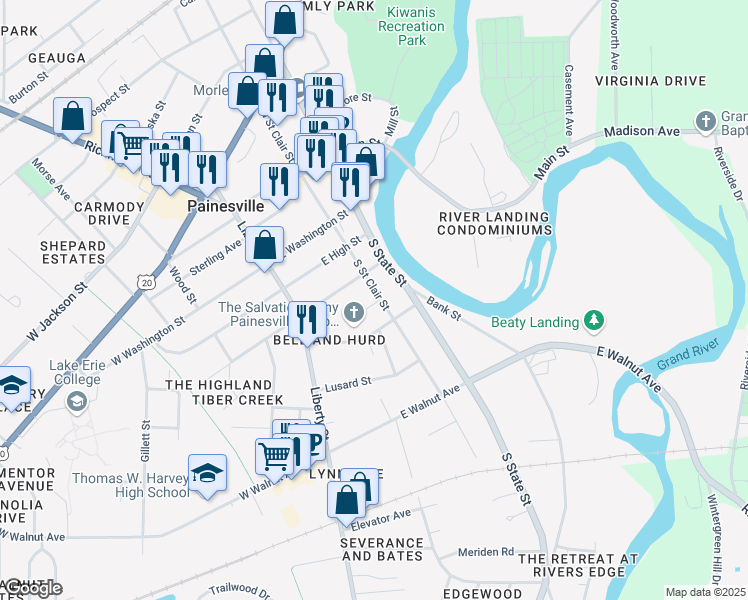 map of restaurants, bars, coffee shops, grocery stores, and more near 252 Webster Court in Painesville