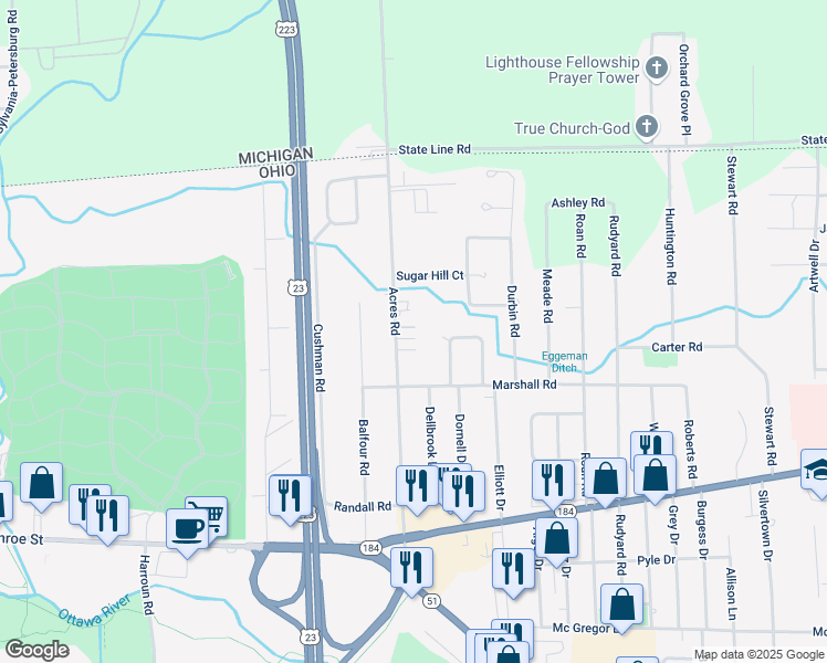 map of restaurants, bars, coffee shops, grocery stores, and more near 5835 Acres Road in Sylvania