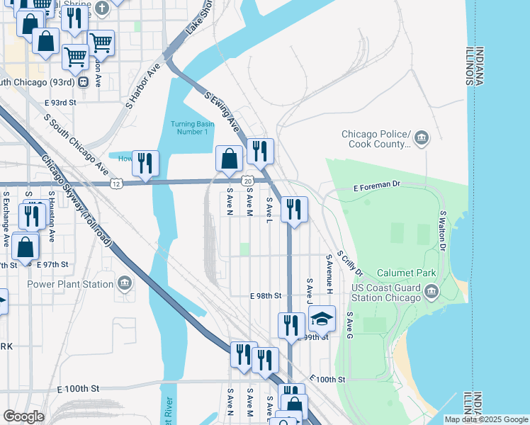 map of restaurants, bars, coffee shops, grocery stores, and more near 9612 South Avenue L in Chicago