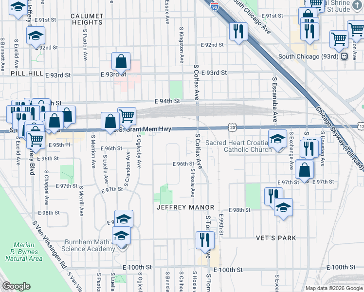map of restaurants, bars, coffee shops, grocery stores, and more near 9550 South Calhoun Avenue in Chicago