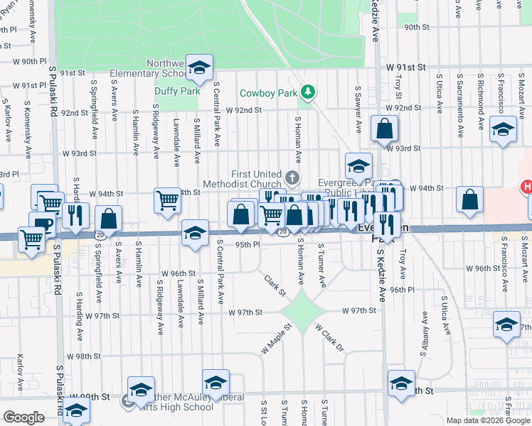 map of restaurants, bars, coffee shops, grocery stores, and more near 3504 95th Street in Evergreen Park