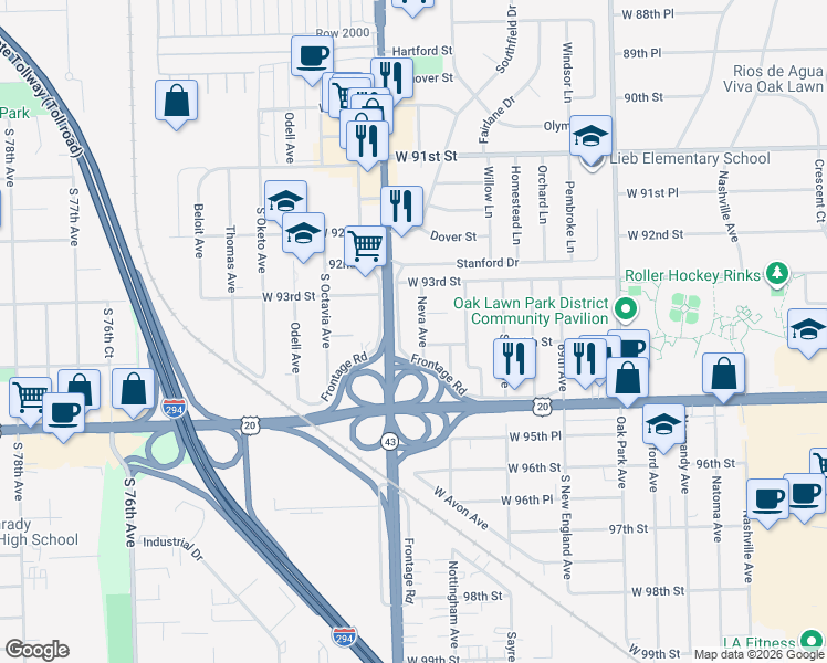map of restaurants, bars, coffee shops, grocery stores, and more near 9301 South Harlem Avenue in Oak Lawn
