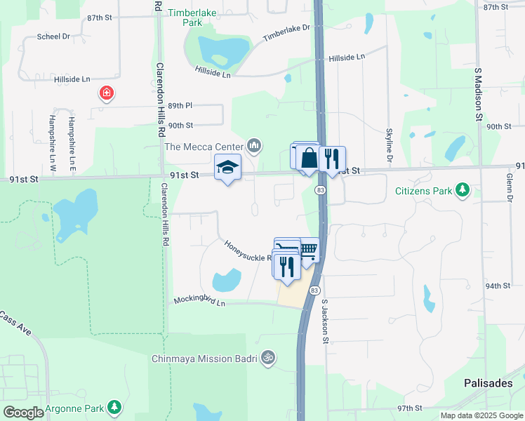 map of restaurants, bars, coffee shops, grocery stores, and more near 10S510 Echo Lane in Willowbrook