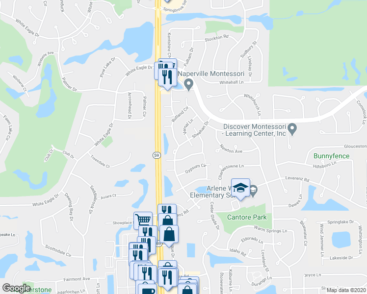 map of restaurants, bars, coffee shops, grocery stores, and more near 2978 White Thorn Circle in Naperville