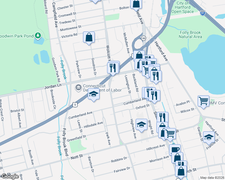 map of restaurants, bars, coffee shops, grocery stores, and more near 92 Wolcott Hill Road in Wethersfield
