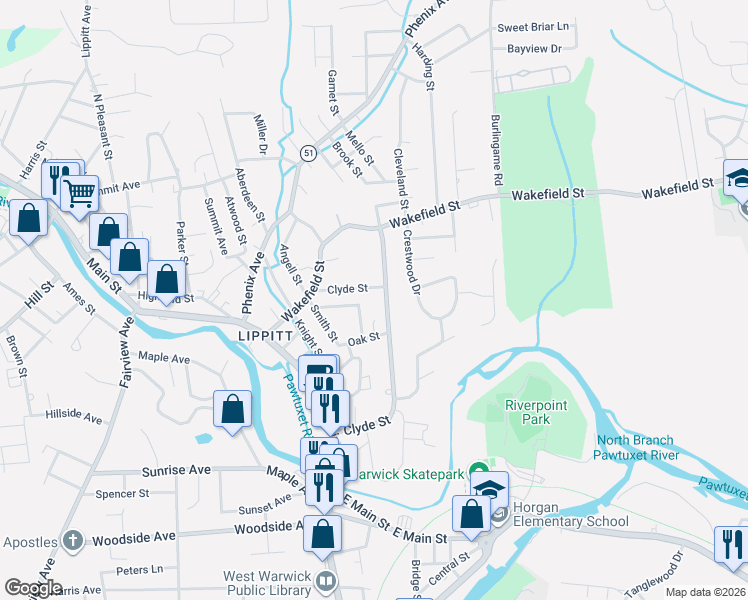 map of restaurants, bars, coffee shops, grocery stores, and more near 63 Clyde Street in West Warwick