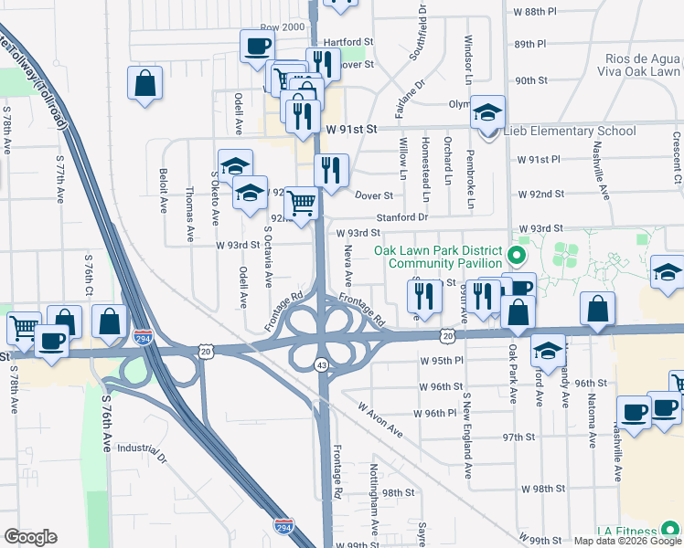 map of restaurants, bars, coffee shops, grocery stores, and more near 9301 South Harlem Avenue in Oak Lawn