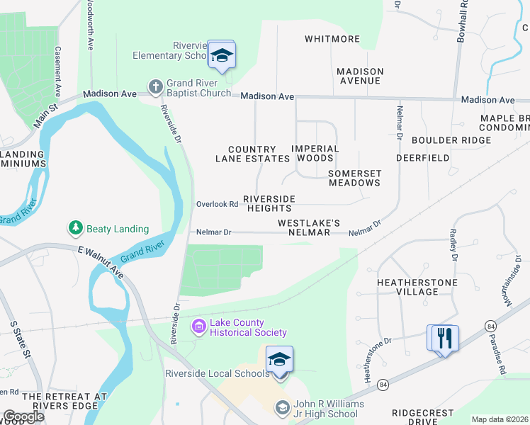 map of restaurants, bars, coffee shops, grocery stores, and more near 91 Nelmar Drive in Painesville