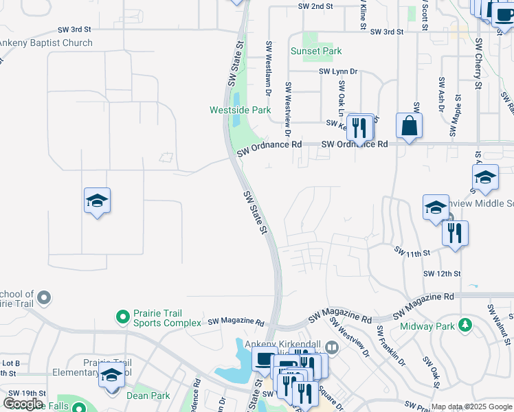 map of restaurants, bars, coffee shops, grocery stores, and more near 1275 Southwest State Street in Ankeny