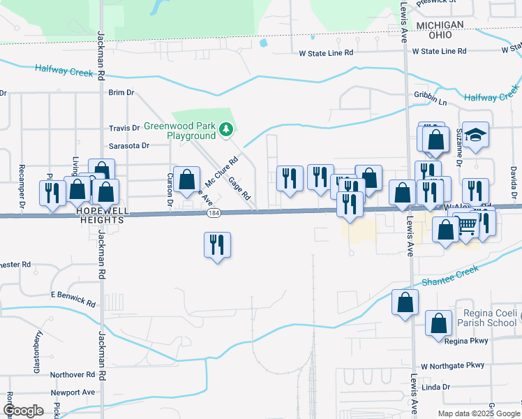map of restaurants, bars, coffee shops, grocery stores, and more near 1327 West Alexis Road in Toledo