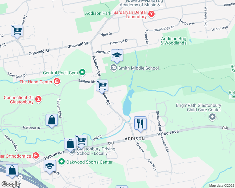 map of restaurants, bars, coffee shops, grocery stores, and more near 38 Addison Pond Road in Glastonbury